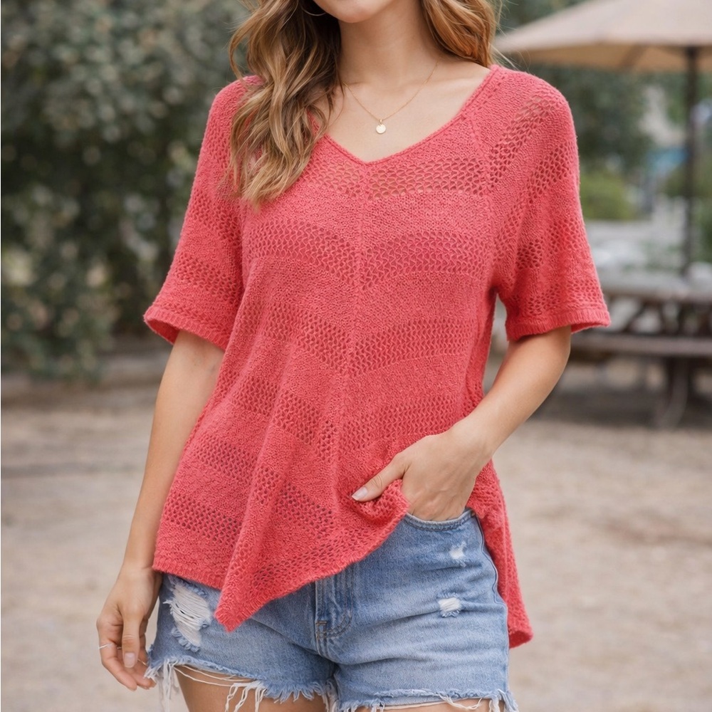 Coral Pink Loose Knit Hi-Lo Sweater Top | Asymmetrical Short Sleeve Boho Size S